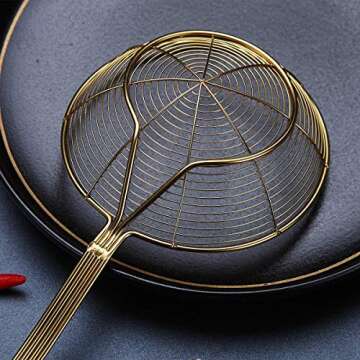 Gold Strainer Spider Skimmers For Kitchen,Kyraton Stainless Steel Titanium Gold Plating Slotted Spoon Pasta Strainers Tomato Food Strainer Skimmer Ladle For Kitchen Cooking and Frying Food
