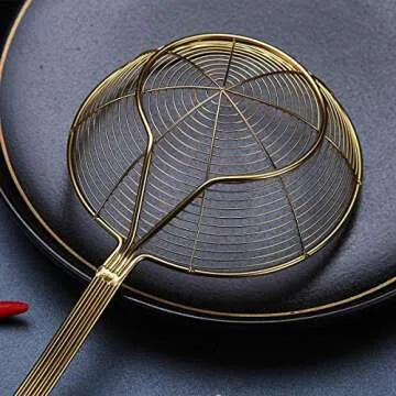 Gold Strainer Spider Skimmers For Kitchen,Kyraton Stainless Steel Titanium Gold Plating Slotted Spoon Pasta Strainers Tomato Food Strainer Skimmer Ladle For Kitchen Cooking and Frying Food