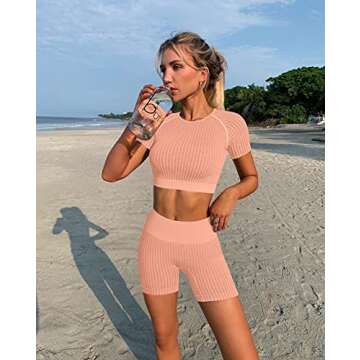 OYS Women's Seamless Workout Set 2 Piece High Waisted Yoga Gym Shorts Outfits Running Active Crop Top Clothes