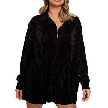 NUFIWI Women 2 Piece Pleated Pants Set Long Sleeve Button Shirt Blouse Top Long Wide Leg Pants Outfits Summer Streetwear(V Neck Black,Medium)