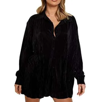 NUFIWI Women 2 Piece Pleated Pants Set Long Sleeve Button Shirt Blouse Top Long Wide Leg Pants Outfits Summer Streetwear(V Neck Black,Medium)