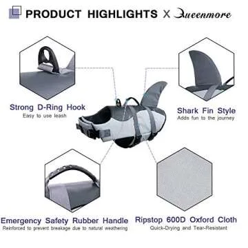 Queenmore Dog Life Jacket Ripstop Dog Safety Vest Adjustable Preserver with High Buoyancy and Durable Rescue Handle for Small,Medium,Large Dogs, Grey Shark Medium