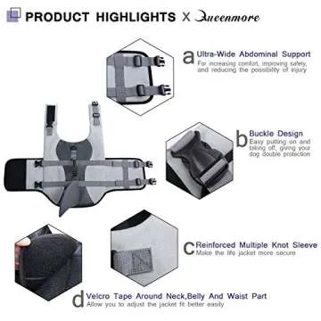 Queenmore Dog Life Jacket Ripstop Dog Safety Vest Adjustable Preserver with High Buoyancy and Durable Rescue Handle for Small,Medium,Large Dogs, Grey Shark Medium