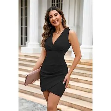 IHOT Semi Formal Dresses Women Wrap V Neck Sleeveless Ruched Bodycon Party Empire Waist Formal Weddi...