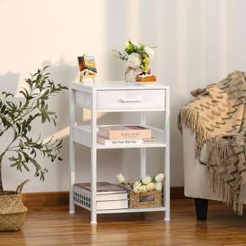 Lerliuo White Printer Stand with Fabric Drawer - 3 Tier Industrial Side Table for Home Office