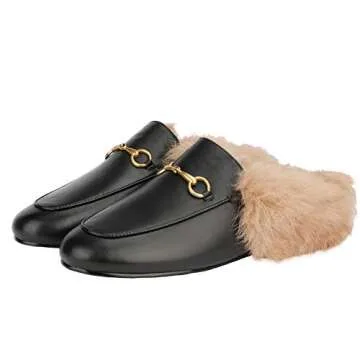 Arqa Fur Mules for Women Comfortable Leather Buckle Mule Flats Furry Padded Backless Loafers Casual ...