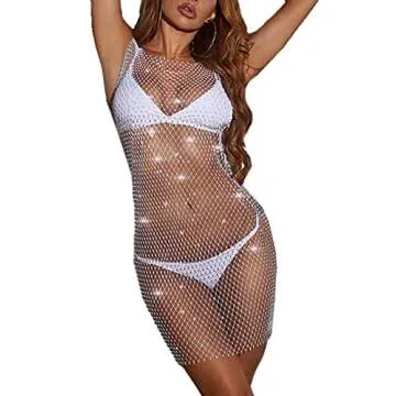 Formery Fishnet Mesh Rhinestone Swimsuit Cover Ups Sexy See Through Midi Dress Beach Bikini Swimsuit Sleeveless Cover Up for Women and Girls(White)