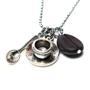 Coffee Bean Necklace with Spoon & Cup Charms