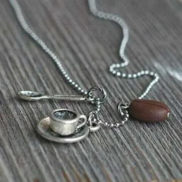 Coffee Bean Necklace with Spoon & Cup Charms