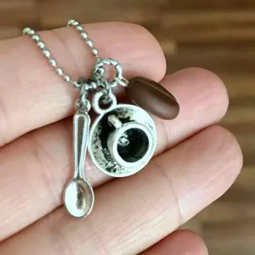 Coffee Bean Necklace with Spoon & Cup Charms