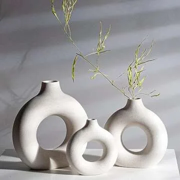 White Ceramic Vase - Modern Vase for Minimalist Decor, Hollow Round Matte Pampas Flower Vases for Boho Home Wedding Party Room Dinner Table Shelf Decor (3pcs)