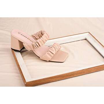 ComeShun Women Low Block Heels Mules Open Toe Ankle Strap Sandals Two Ruched Band Square Toe Pumps Beige Size 8