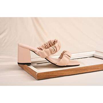 ComeShun Women Low Block Heels Mules Open Toe Ankle Strap Sandals Two Ruched Band Square Toe Pumps Beige Size 8