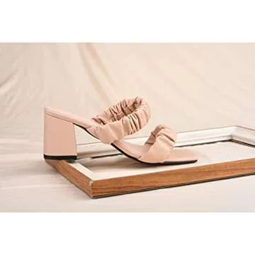 ComeShun Women Low Block Heels Mules Open Toe Ankle Strap Sandals Two Ruched Band Square Toe Pumps Beige Size 8