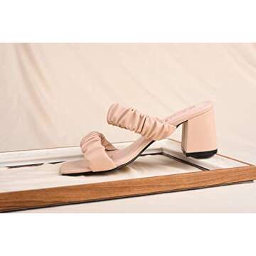 ComeShun Women Low Block Heels Mules Open Toe Ankle Strap Sandals Two Ruched Band Square Toe Pumps Beige Size 8