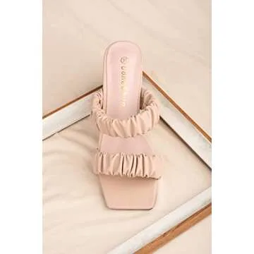 ComeShun Women Low Block Heels Mules Open Toe Ankle Strap Sandals Two Ruched Band Square Toe Pumps Beige Size 8