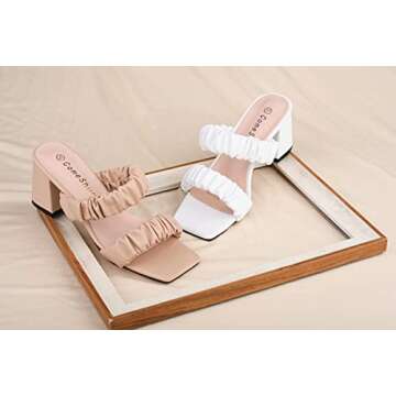 ComeShun Women Low Block Heels Mules Open Toe Ankle Strap Sandals Two Ruched Band Square Toe Pumps Beige Size 8