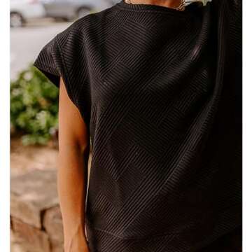 SeeLuNa Women's 2 Piece Outfits Textured Sweatsuit 3/4 Batwing Sleeve Crew Neck Pullover Top Wide Leg Pant Tracksuit Set(Black,S)