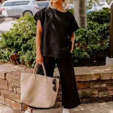 SeeLuNa Women's 2 Piece Outfits Textured Sweatsuit 3/4 Batwing Sleeve Crew Neck Pullover Top Wide Leg Pant Tracksuit Set(Black,S)