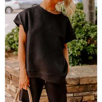 SeeLuNa Women's 2 Piece Outfits Textured Sweatsuit 3/4 Batwing Sleeve Crew Neck Pullover Top Wide Leg Pant Tracksuit Set(Black,S)