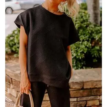 SeeLuNa Women's 2 Piece Outfits Textured Sweatsuit 3/4 Batwing Sleeve Crew Neck Pullover Top Wide Leg Pant Tracksuit Set(Black,S)