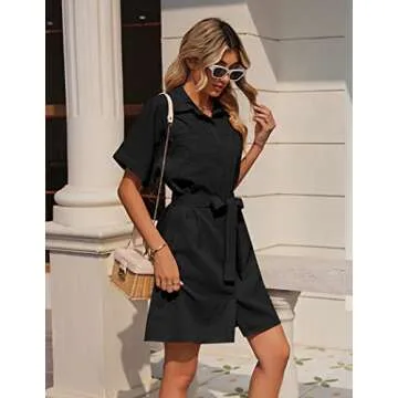 Zeagoo Black T Shirt Dress for Women Short Sleeve Button Down V Neck Mini Summer Sundresses with Pockets,Large
