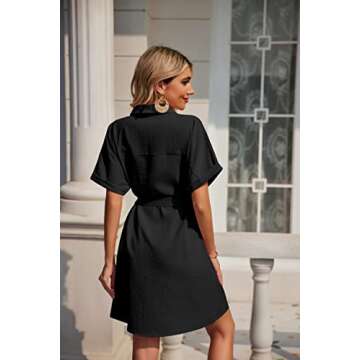 Zeagoo Black T Shirt Dress for Women Short Sleeve Button Down V Neck Mini Summer Sundresses with Pockets,Large