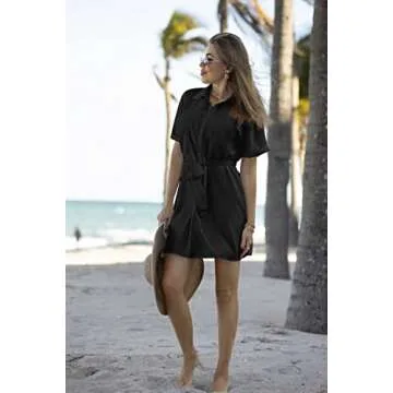 Zeagoo Black T Shirt Dress for Women Short Sleeve Button Down V Neck Mini Summer Sundresses with Pockets,Large