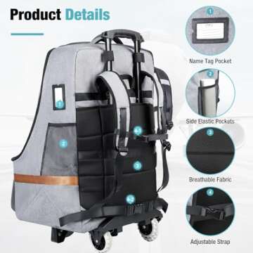 Tonyeee Upgraded Car Seat Travel Bag with Wheels, Car Seat Bags for Air Travel, Car Seat Storage Bag with Foldable Trolley, Padded Car Seats Backpack for Airplane, Airport Gate Check, Grey