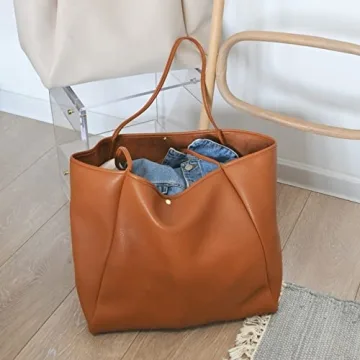 HOXIS Oversize Pu Leather Tote Women Weekender Bag Shopper Handbag Travel Purse (Orange-brown)