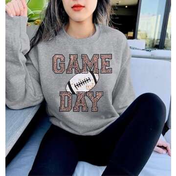 FAYALEQ Game Day Sweatshirt for Women Football Grapic Long Sleeve Shirt Football Season Pullover Tops Gray
