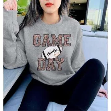 FAYALEQ Game Day Sweatshirt for Women Football Grapic Long Sleeve Shirt Football Season Pullover Tops Gray