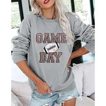 FAYALEQ Game Day Sweatshirt for Women Football Grapic Long Sleeve Shirt Football Season Pullover Tops Gray