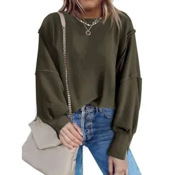 Nirovien Womens Oversized Crewneck Sweatshirt Side Slit Long Sleeve Pullover Slouchy Fit Tops(Army G...