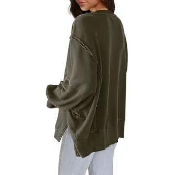 Nirovien Womens Oversized Crewneck Sweatshirt Side Slit Long Sleeve Pullover Slouchy Fit Tops(Army Green,M)