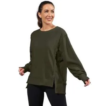Nirovien Womens Oversized Crewneck Sweatshirt Side Slit Long Sleeve Pullover Slouchy Fit Tops(Army Green,M)