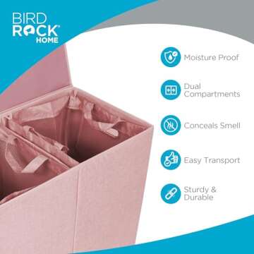 BIRDROCK HOME Laundry Hamper with Lid | Removable Bags for Sorting Clothes | Sectioned Laundry Basket for Bedroom & Bathroom | Collapsible Storage Bin with Cover | Double, Pink