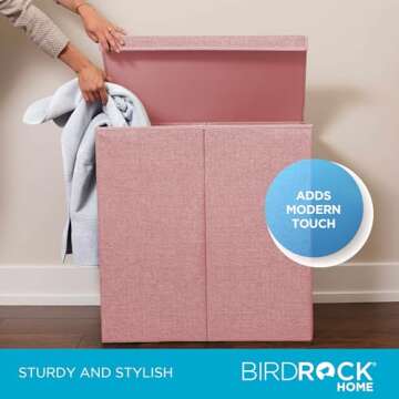 BIRDROCK HOME Laundry Hamper with Lid | Removable Bags for Sorting Clothes | Sectioned Laundry Basket for Bedroom & Bathroom | Collapsible Storage Bin with Cover | Double, Pink