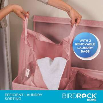 BIRDROCK HOME Laundry Hamper with Lid | Removable Bags for Sorting Clothes | Sectioned Laundry Basket for Bedroom & Bathroom | Collapsible Storage Bin with Cover | Double, Pink