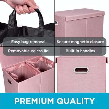 BIRDROCK HOME Laundry Hamper with Lid | Removable Bags for Sorting Clothes | Sectioned Laundry Basket for Bedroom & Bathroom | Collapsible Storage Bin with Cover | Double, Pink