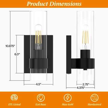 Zevluck 1-Light Wall Sconce, Matte Black Bathroom Vanity Light with Cylinder Clear Glass, Modern Hardwired Vanity Wall Lamps for Bathroom, Bedroom, Living Room, Stairs, Hallway
