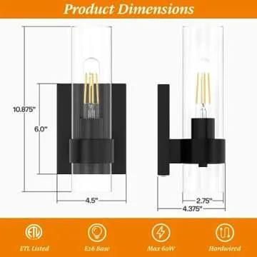 Zevluck 1-Light Wall Sconce, Matte Black Bathroom Vanity Light with Cylinder Clear Glass, Modern Hardwired Vanity Wall Lamps for Bathroom, Bedroom, Living Room, Stairs, Hallway