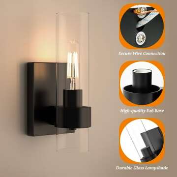 Zevluck 1-Light Wall Sconce, Matte Black Bathroom Vanity Light with Cylinder Clear Glass, Modern Hardwired Vanity Wall Lamps for Bathroom, Bedroom, Living Room, Stairs, Hallway