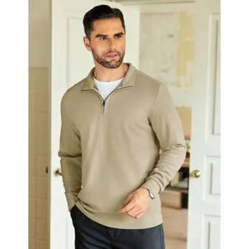 COOFANDY Men's Quarter Zip Up Pullover Lightweight Mock Neck Sweatshirt Casual Long Sleeve Polo Shirt Camel