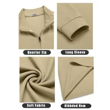 COOFANDY Men's Quarter Zip Up Pullover Lightweight Mock Neck Sweatshirt Casual Long Sleeve Polo Shirt Camel