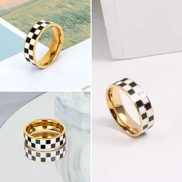 Kainier 6mm 14k Gold Plated Rings Polished Checkerboard Bands Knuckle Statement Pointer Finger Ring Comfort Fit Size 5-9