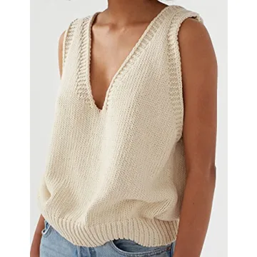 Locachy Women's V Neck Sleeveless Knit Pullover Sweater Vest Casual Cami Tank Top Beige S