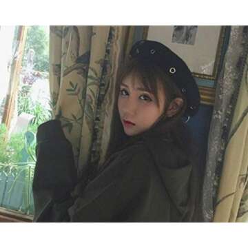 GK-O Vintage Handmade Wool Punk Iron Ring Beret Lolita Girls Painter Hat Black