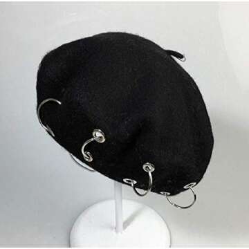 GK-O Vintage Handmade Wool Punk Iron Ring Beret Lolita Girls Painter Hat Black