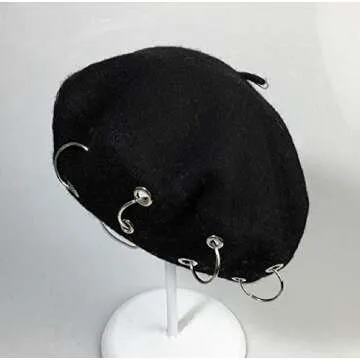 GK-O Vintage Handmade Wool Punk Iron Ring Beret Lolita Girls Painter Hat Black